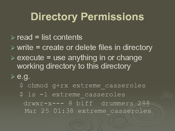 Directory Permissions Ø read = list contents Ø write = create or delete files