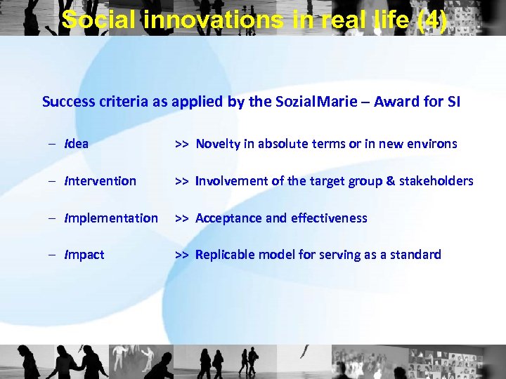 Social innovations in real life (4) Success criteria as applied by the Sozial. Marie