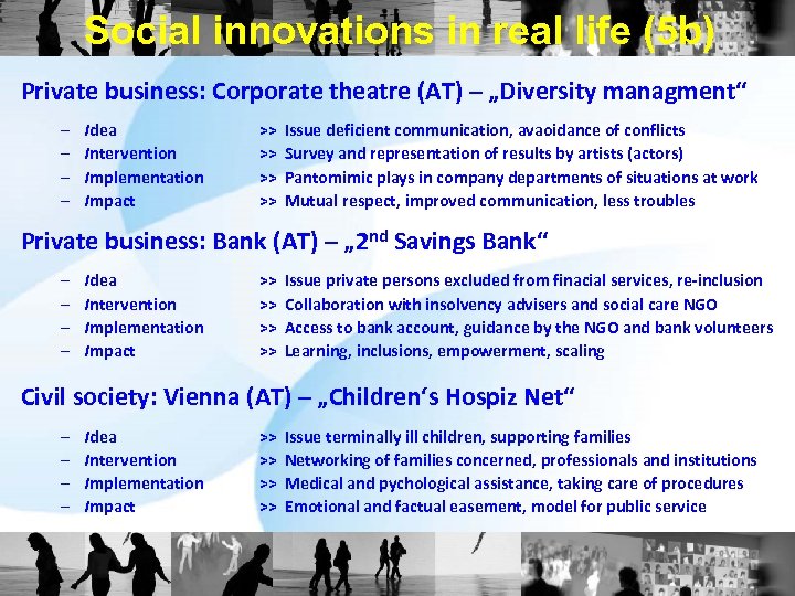 Social innovations in real life (5 b) Private business: Corporate theatre (AT) – „Diversity