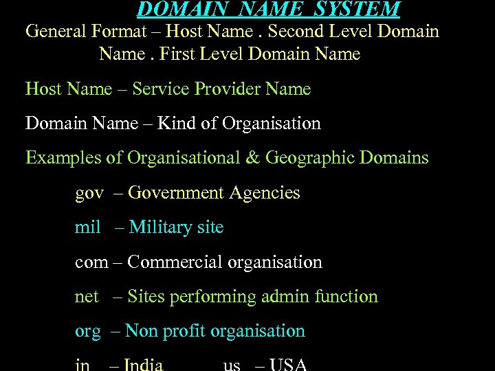 DOMAIN NAME SYSTEM General Format – Host Name. Second Level Domain Name. First Level