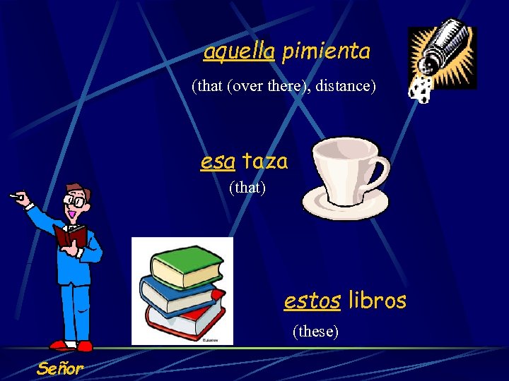 aquella pimienta (that (over there), distance) esa taza (that) estos libros (these) Señor 