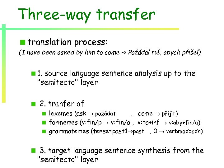 Three-way transfer translation process: (I have been asked by him to come -> Požádal