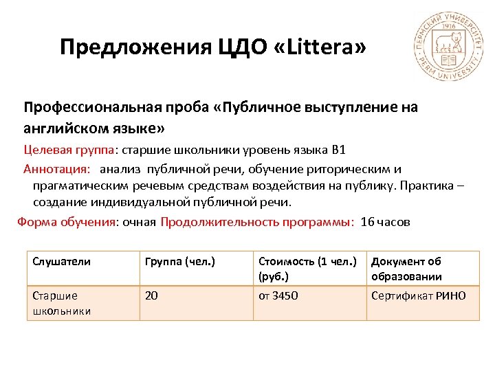 Предложения ЦДО «Littera» Профессиональная проба «Публичное выступление на английском языке» Целевая группа: старшие школьники