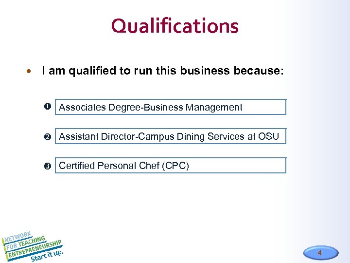 Qualifications I am qualified to run this business because: Associates Degree-Business Management Assistant Director-Campus