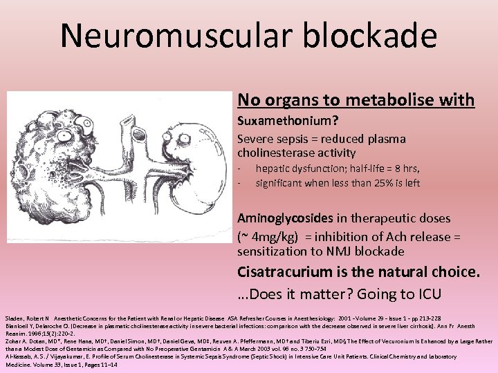 Neuromuscular blockade No organs to metabolise with Suxamethonium? Severe sepsis = reduced plasma cholinesterase