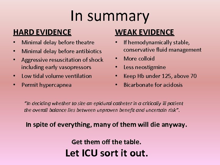 In summary HARD EVIDENCE WEAK EVIDENCE • Minimal delay before theatre • Minimal delay