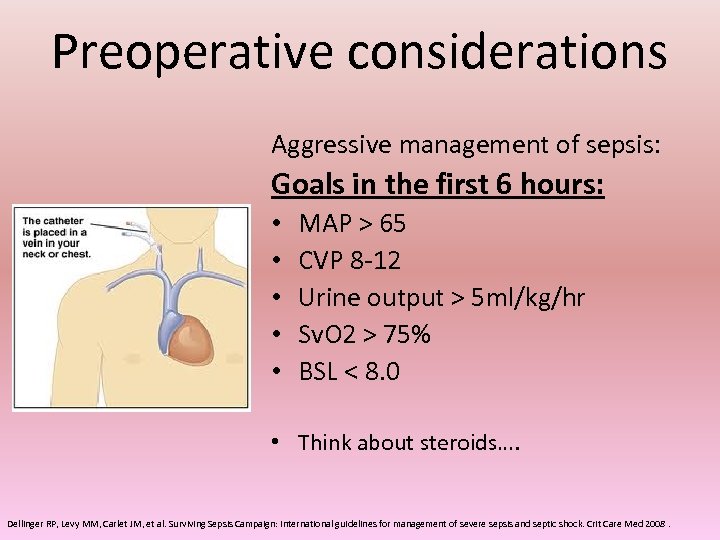 Preoperative considerations Aggressive management of sepsis: Goals in the first 6 hours: • •