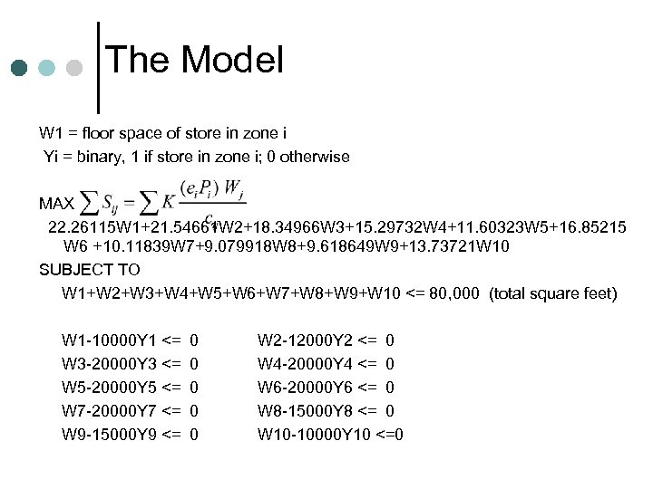 The Model W 1 = floor space of store in zone i Yi =