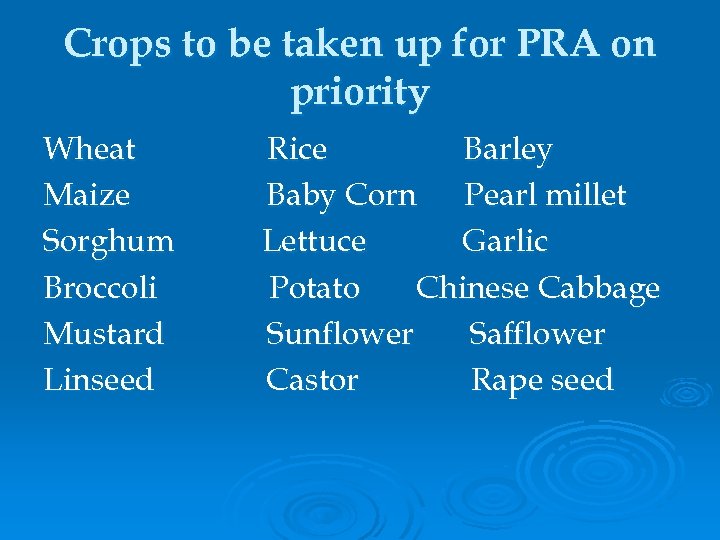 Crops to be taken up for PRA on priority Wheat Maize Sorghum Broccoli Mustard