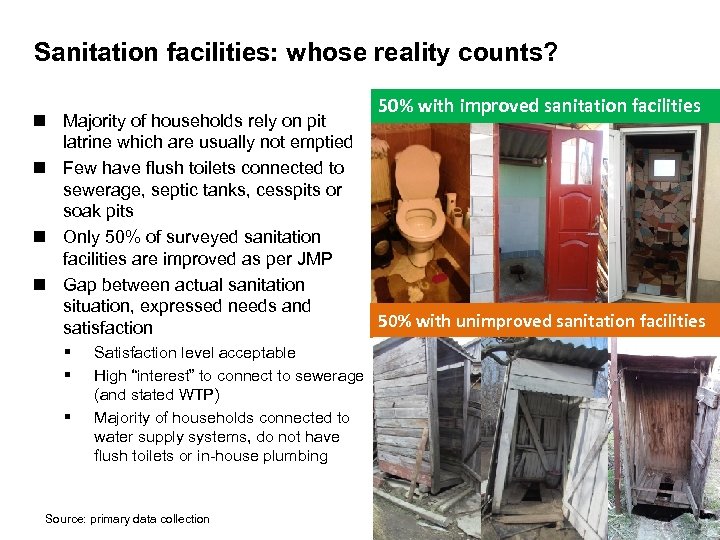 Sanitation facilities: whose reality counts? n Majority of households rely on pit latrine which