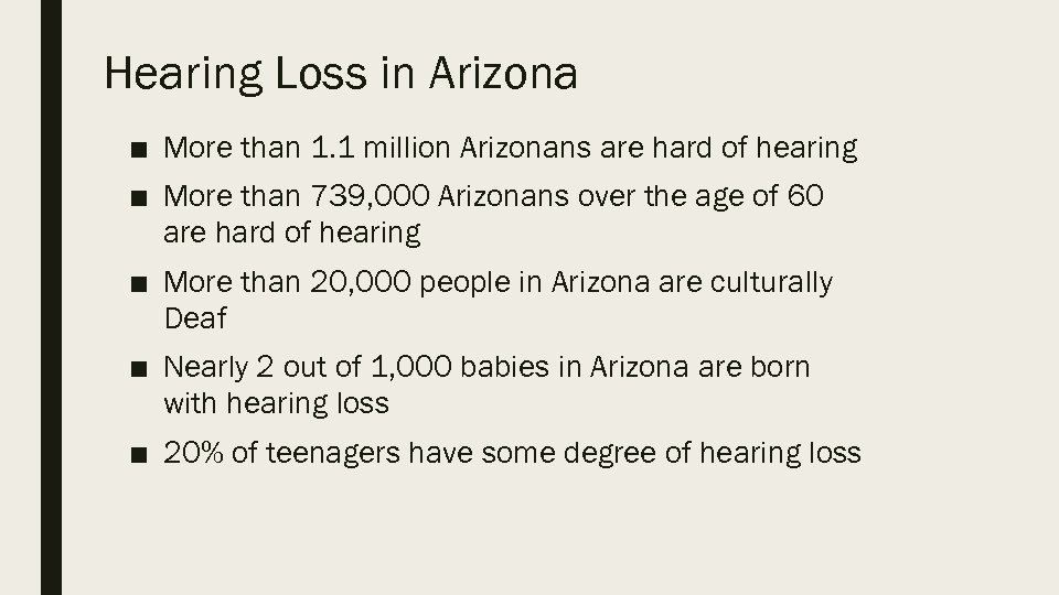 Hearing Loss in Arizona ■ More than 1. 1 million Arizonans are hard of