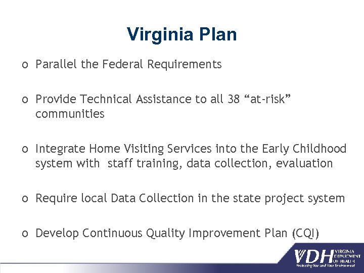 Virginia Plan o Parallel the Federal Requirements o Provide Technical Assistance to all 38