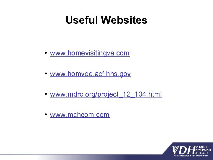 Useful Websites • www. homevisitingva. com • www. homvee. acf. hhs. gov • www.