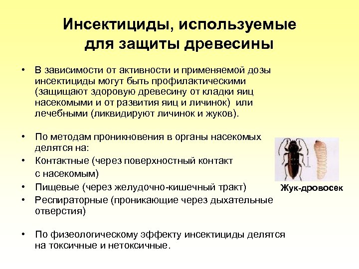 Инсектициды, используемые для защиты древесины • В зависимости от активности и применяемой дозы инсектициды