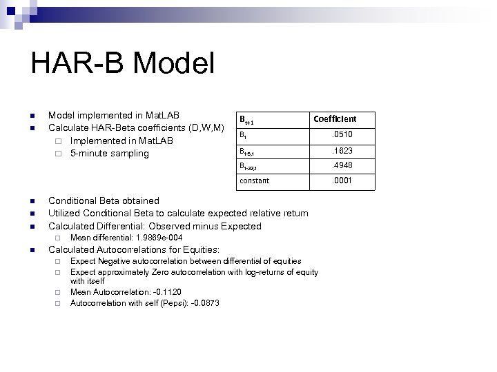 HAR-B Model n n Model implemented in Mat. LAB Calculate HAR-Beta coefficients (D, W,