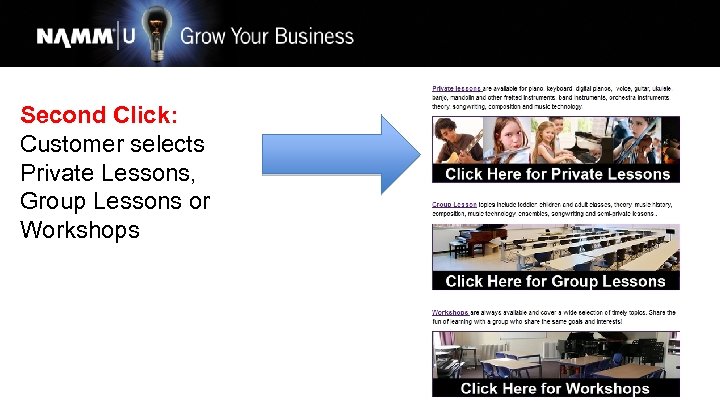 Second Click: Customer selects Private Lessons, Group Lessons or Workshops 