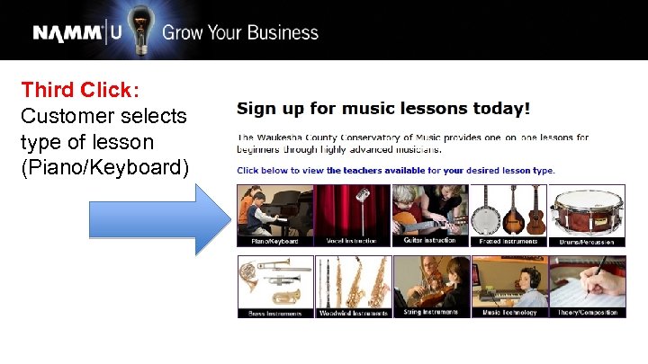 Third Click: Customer selects type of lesson (Piano/Keyboard) 