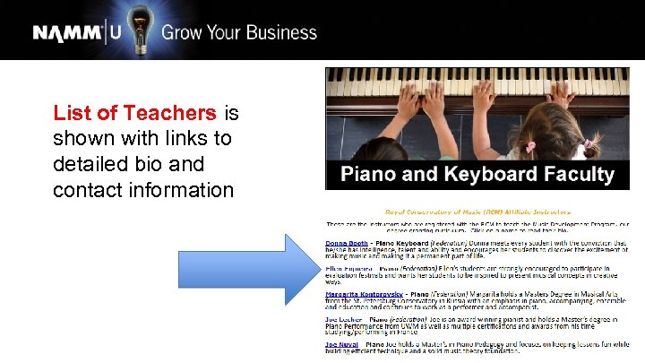 List of Teachers is shown with links to detailed bio and contact information 