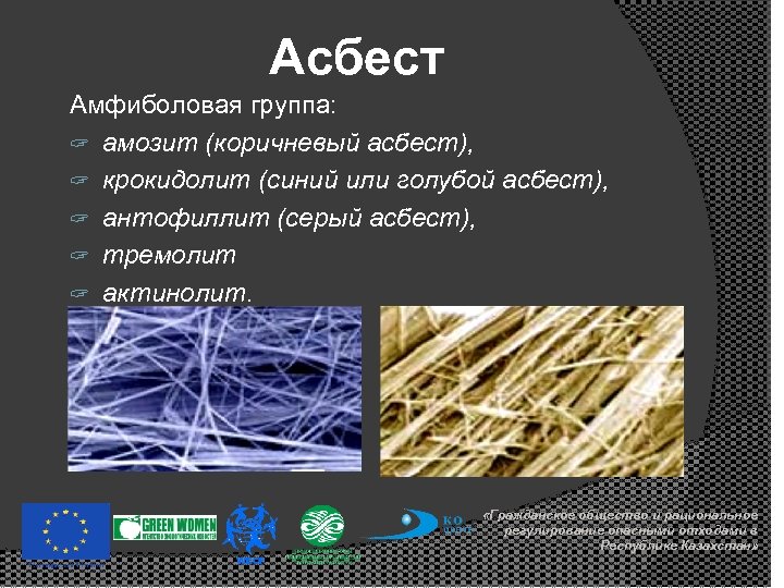 Асбест Амфиболовая группа: ? амозит (коричневый асбест), ? крокидолит (синий или голубой асбест), ?