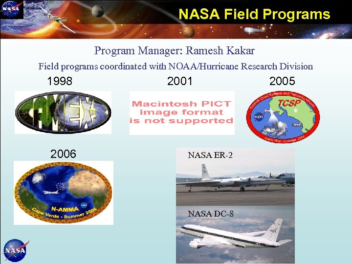 NASA Field Programs Program Manager: Ramesh Kakar Field programs coordinated with NOAA/Hurricane Research Division