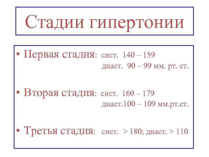 Стадии гипертонии • Первая стадия: сист. 140 – 159 диаст. 90 – 99 мм.
