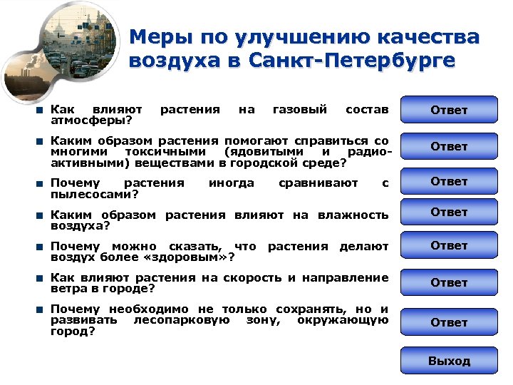 Меры по улучшению качества воздуха в Санкт-Петербурге Как влияют атмосферы? растения на газовый состав