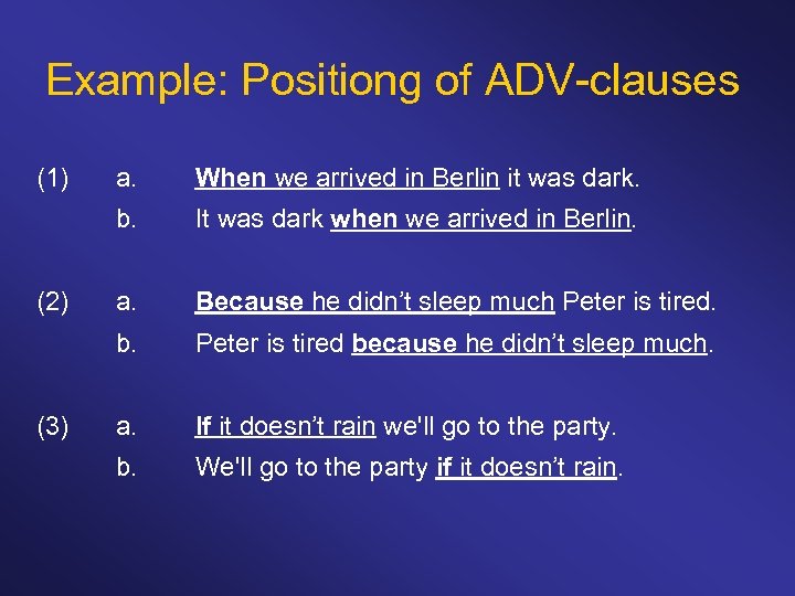 Example: Positiong of ADV-clauses (1) It was dark when we arrived in Berlin. a.