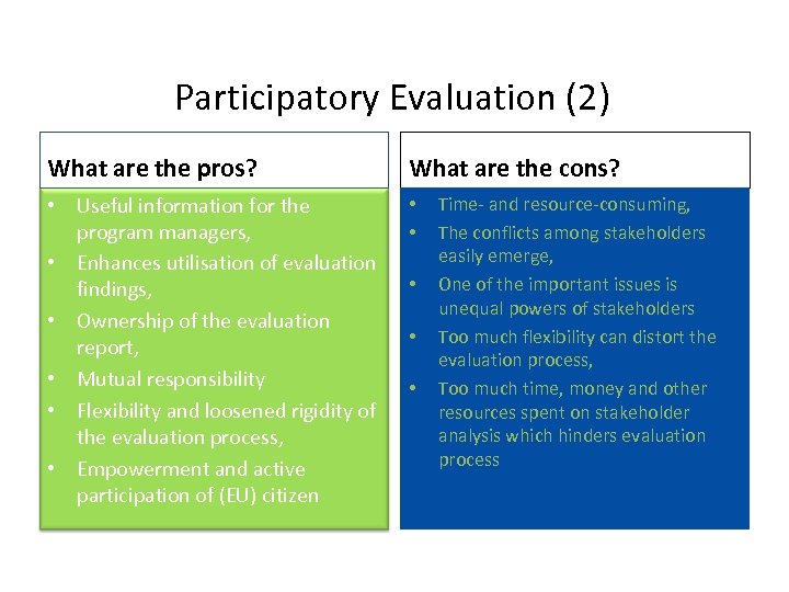 Participatory Evaluation (2) What are the pros? What are the cons? • Useful information