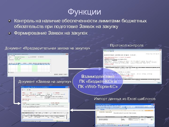 Функции Контроль на наличие обеспеченности лимитами бюджетных обязательств при подготовке Заявок на закупку Формирование
