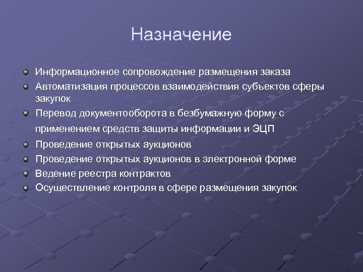 Назначение Информационное сопровождение размещения заказа Автоматизация процессов взаимодействия субъектов сферы закупок Перевод документооборота в