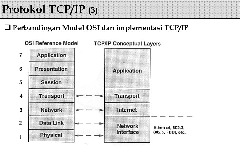 Protokol TCP/IP (3) q Perbandingan Model OSI dan implementasi TCP/IP 