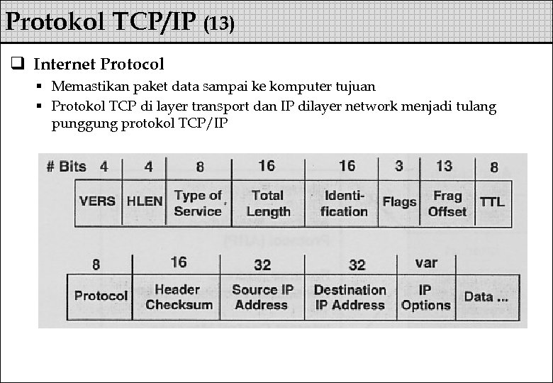 Protokol TCP/IP (13) q Internet Protocol § Memastikan paket data sampai ke komputer tujuan