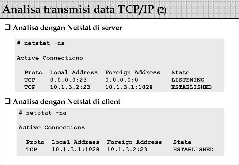 Analisa transmisi data TCP/IP (2) q Analisa dengan Netstat di server # netstat -na