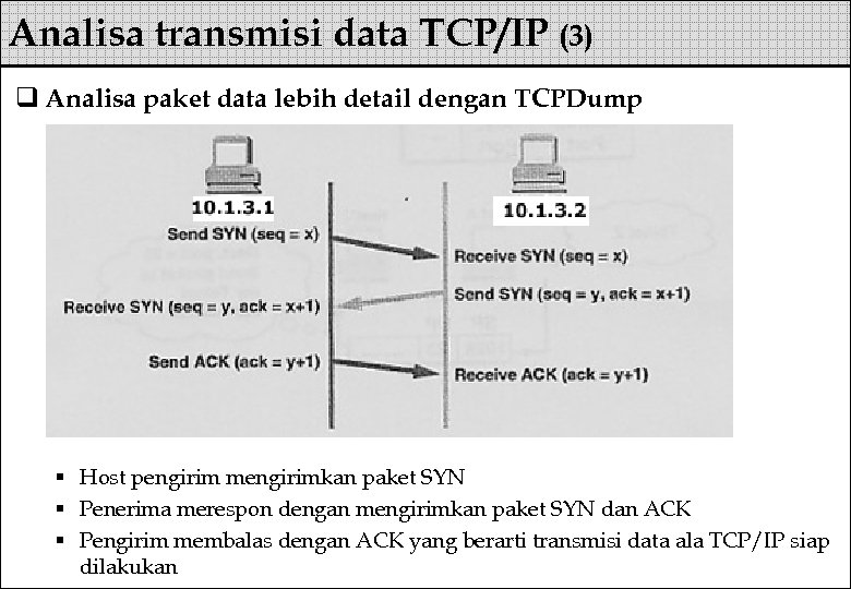 Analisa transmisi data TCP/IP (3) q Analisa paket data lebih detail dengan TCPDump §