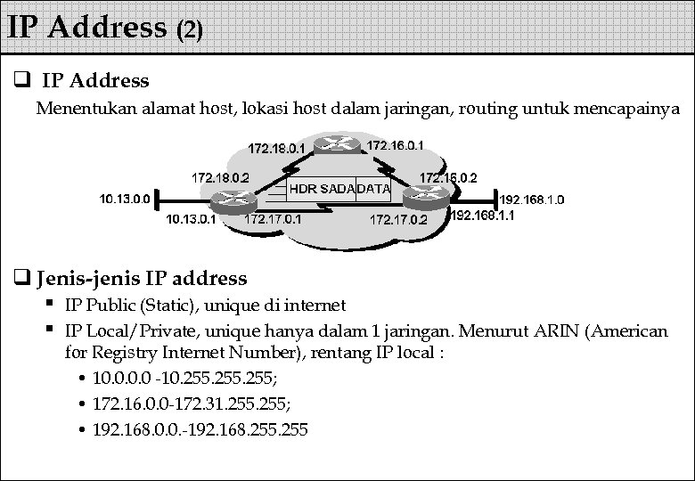 IP Address (2) q IP Address Menentukan alamat host, lokasi host dalam jaringan, routing