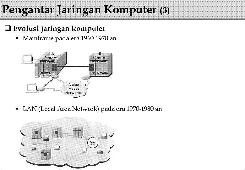Pengantar Jaringan Komputer (3) q Evolusi jaringan komputer § Mainframe pada era 1960 -1970