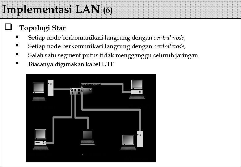 Implementasi LAN (6) q Topologi Star § § Setiap node berkomunikasi langsung dengan central