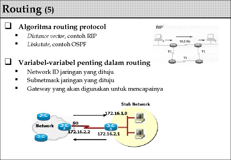 Routing (5) q Algoritma routing protocol § § q Distance vector, contoh RIP Linkstate,