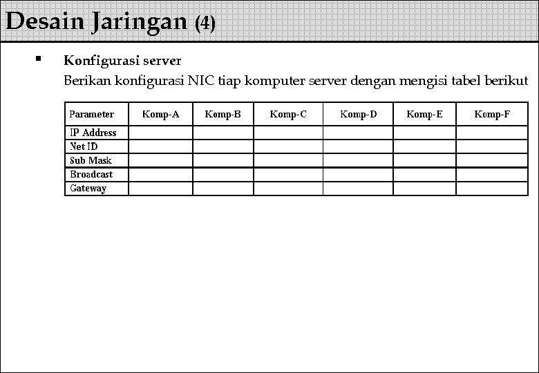 Desain Jaringan (4) § Konfigurasi server Berikan konfigurasi NIC tiap komputer server dengan mengisi