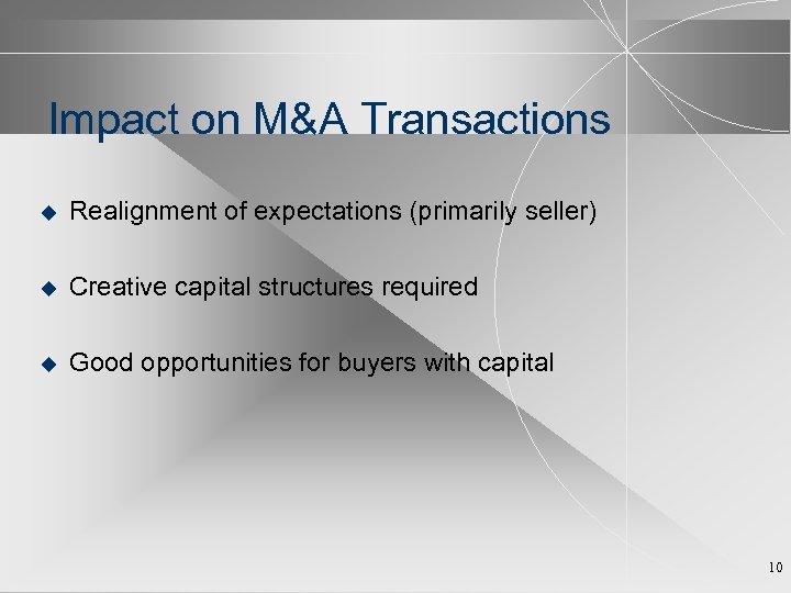Impact on M&A Transactions u Realignment of expectations (primarily seller) u Creative capital structures
