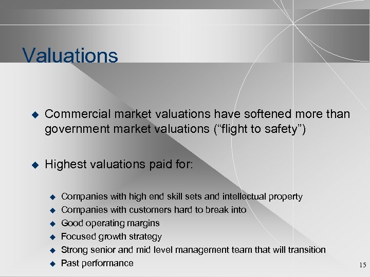 Valuations u Commercial market valuations have softened more than government market valuations (“flight to