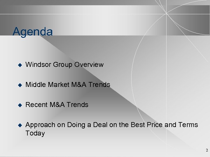 Agenda u Windsor Group Overview u Middle Market M&A Trends u Recent M&A Trends