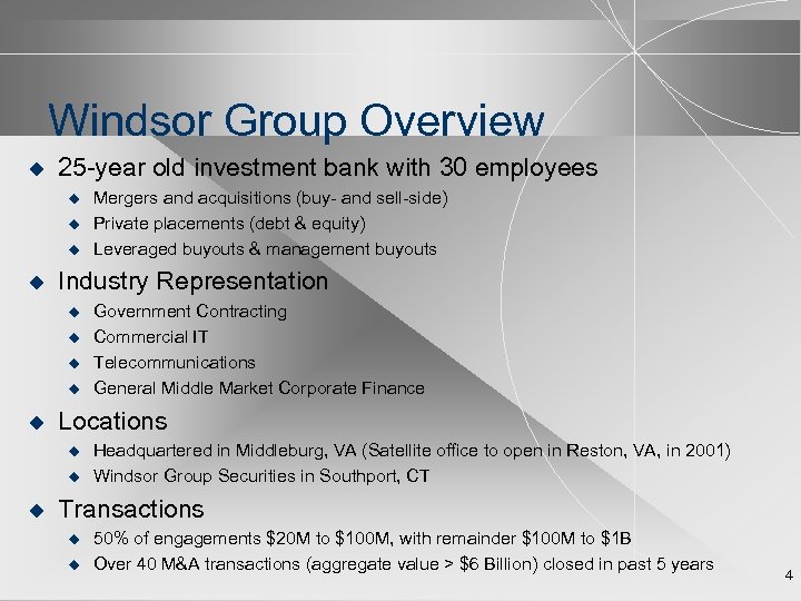 Windsor Group Overview u 25 -year old investment bank with 30 employees u u