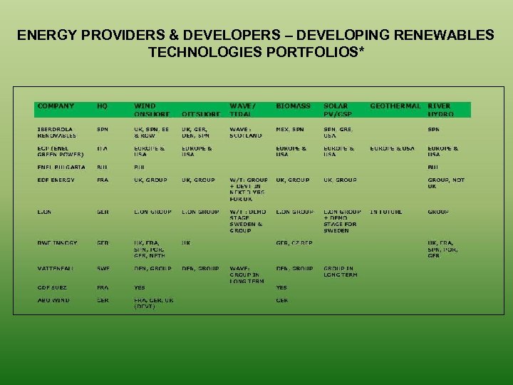 ENERGY PROVIDERS & DEVELOPERS – DEVELOPING RENEWABLES TECHNOLOGIES PORTFOLIOS* 