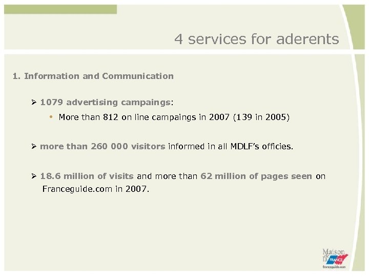4 services for aderents 1. Information and Communication 1079 advertising campaings: More than 812