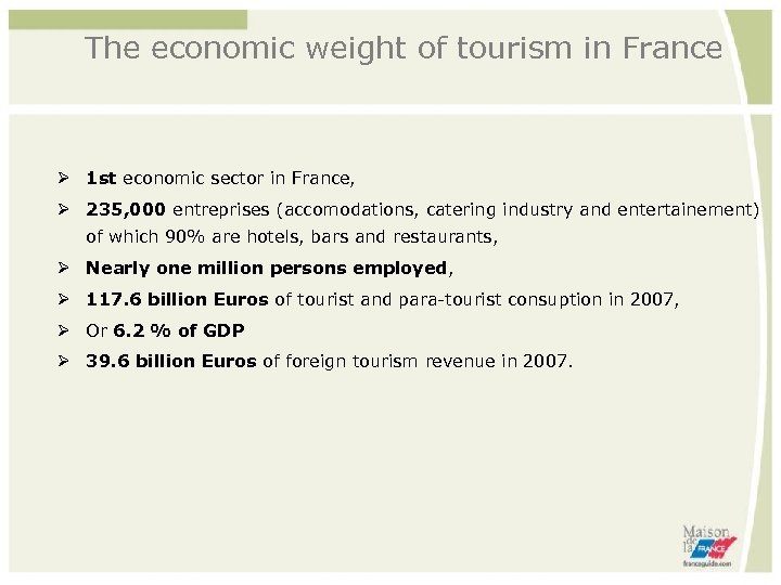 The economic weight of tourism in France 1 st economic sector in France, 235,