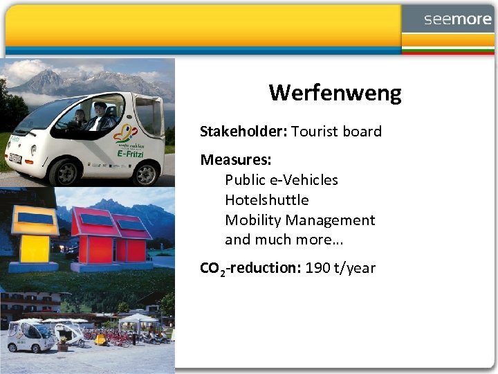 Werfenweng Stakeholder: Tourist board Measures: Public e-Vehicles Hotelshuttle Mobility Management and much more… CO