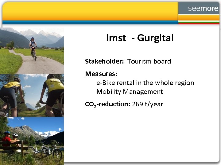 Imst - Gurgltal Stakeholder: Tourism board Measures: e-Bike rental in the whole region Mobility