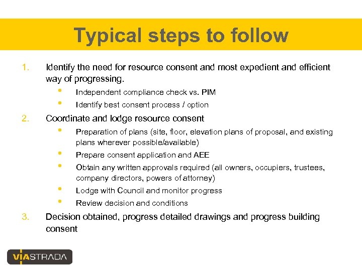 Typical steps to follow 1. Identify the need for resource consent and most expedient