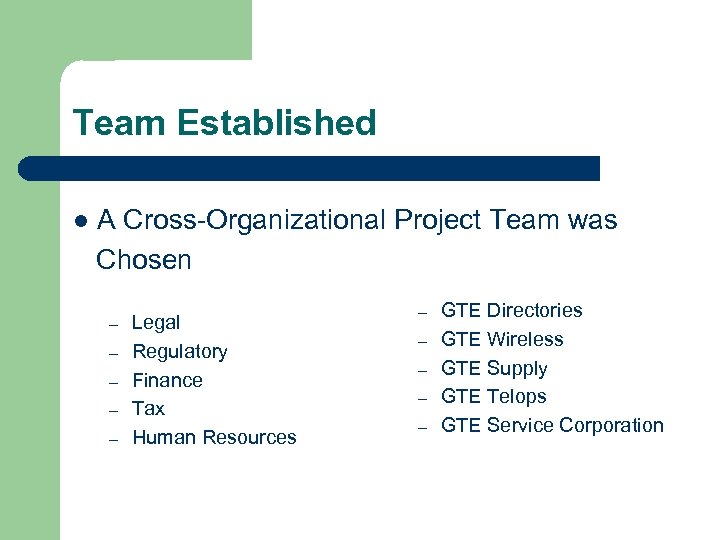 Team Established l A Cross-Organizational Project Team was Chosen – – – Legal Regulatory